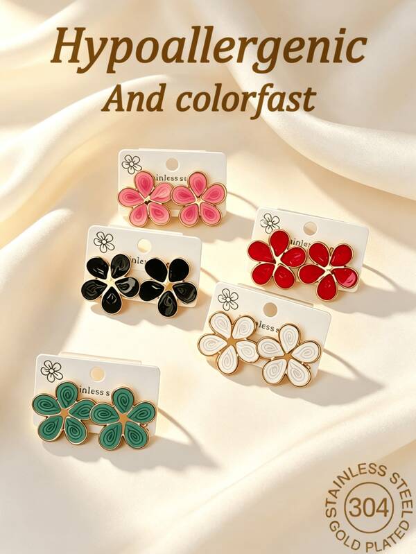 Pendientes de acero inoxidable con flor de 5 hojas para mujer. Accesorios para mujer. Imprescindibles para la playa. Uso diario para mujeres. Regalo ideal para festivales.