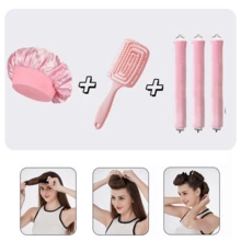 5/1pc Set Black And Pink 2-Color Optional Heatless Curling Set, Satin Sleep Cap, Soft Sponge Heatless Curling Rod And Vent Exfoliating Brush Kit, Women's Overnight Damage-Free Wavy Styling Tool, Gentle Soft Grip Slouchy Curling Device For Medium To Long Hair, DIY Salon Home Hair Styling Accessory Gift Set - Multicolor - View 7