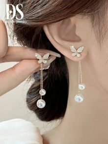 1对蝴蝶长款水钻耳环，流苏链条垂坠耳环，优雅日常休闲女装配饰 - 蝴蝶型 - 查看 2