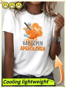 100% Women's Summer Round Neck T-Shirt| "Hallochen Aperolchen" Features A Vibrant Aperol Spritz Cocktail Print, A Casual Holiday Top, Ideal For - White - View 1