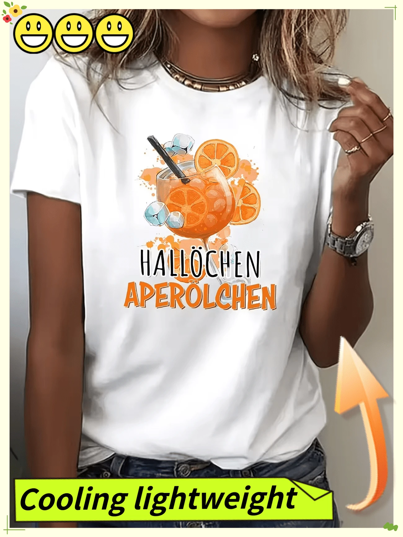 100% Women's Summer Round Neck T-Shirt| "Hallochen Aperolchen" Features A Vibrant Aperol Spritz Cocktail Print, A Casual Holiday Top, Ideal For - White - View 1