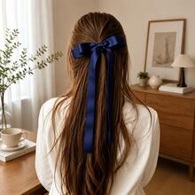 1 pieza Clip de pelo con lazo de satén azul marino, clip de pelo con lazo de cinta larga para mujer, adecuado para uso diario, accesorio de pelo vintage para boda y fiesta, accesorio de pelo pin francés, accesorios de pelo para mujer - Azul Marino - Ver 4