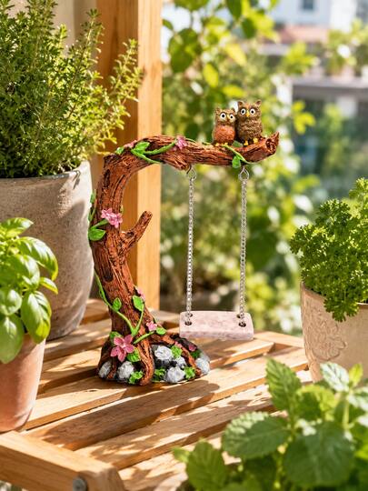Whimsical Owl Tree Swing Garden Ornament, Cute Bird Fairy Garden Decor, Outdoor Yard Statue, Miniature Tree Branch Swing Figurine For Flower Pot, Patio, Balcony, Porch, Lawn, Cottagecore Garden Gift,  Mossy Yard Shelf Accent Decor