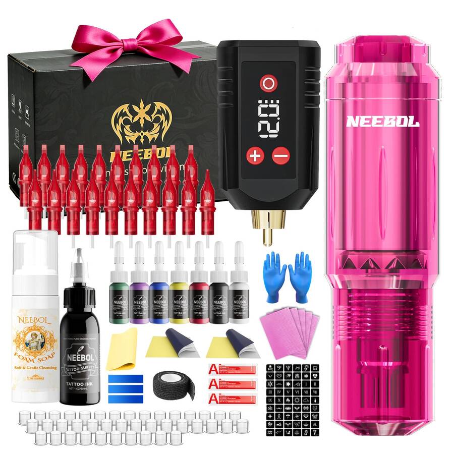 Neebol Tattoo Gun Kit Complete Set, Portable Design, Cordless Tattoo Pen, 1600mAH Battery, Wireless Machine, 20 Red Cartridge Needles, 8 Inks, Extra White Soap, Tattoo Supplies For Beginners & Artists, Body Art Makeup, Easter Gift