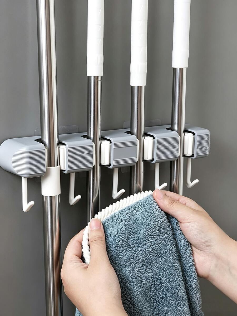1PC No-Drill Strong Adhesive Mop Holder Rack, Wall-Mounted Mop Clip Holder With Traceless Sticker - Grey - View 1