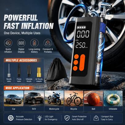 Portable Tire Inflator Pump, Wireless Car Tire Pump 3-150 PSI With Pressure Gauge, Electric Bicycle Pump, Auto Shut-Off, Suitable For Balls And Motorcycles
