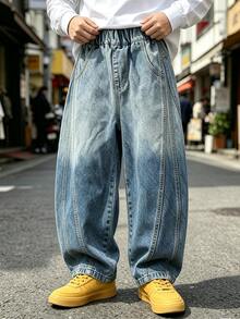 Tween Boys' Autumn Loose Fit Straight Leg Cargo Denim Jeans With Large Pockets, Suitable For Back To School, Daily Wear, Home And Outdoor Casual - Baby Blue - View 2