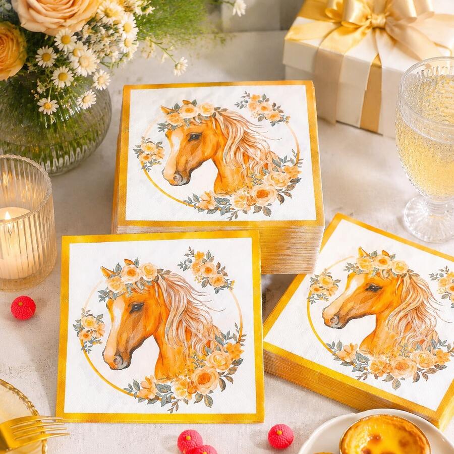 25/50/100pcs Floral Horse Head Pattern Gold Rim Disposable Paper Napkins, Bohemian Style Exquisite Horse Head Floral Party Napkins With Gold Foil Edge Decoration, Suitable For Birthday Party, Equestrian Theme Wedding, Picnic Gathering, Baby Shower, Bridal Shower, Wedding And Afternoon Tea Table Decor - Multicolor - View 1
