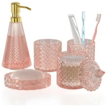 5-Piece Pink Glass Bathroom Accessories Set - Soap Dispenser, Toothbrush Holder, Tumbler, Soap Dish & Cotton Swab Holder, Vintage Cute Bathroom Decor & Organization, Back To School Dorm Essentials, Ideal Gift - 粉色 - 查看 1
