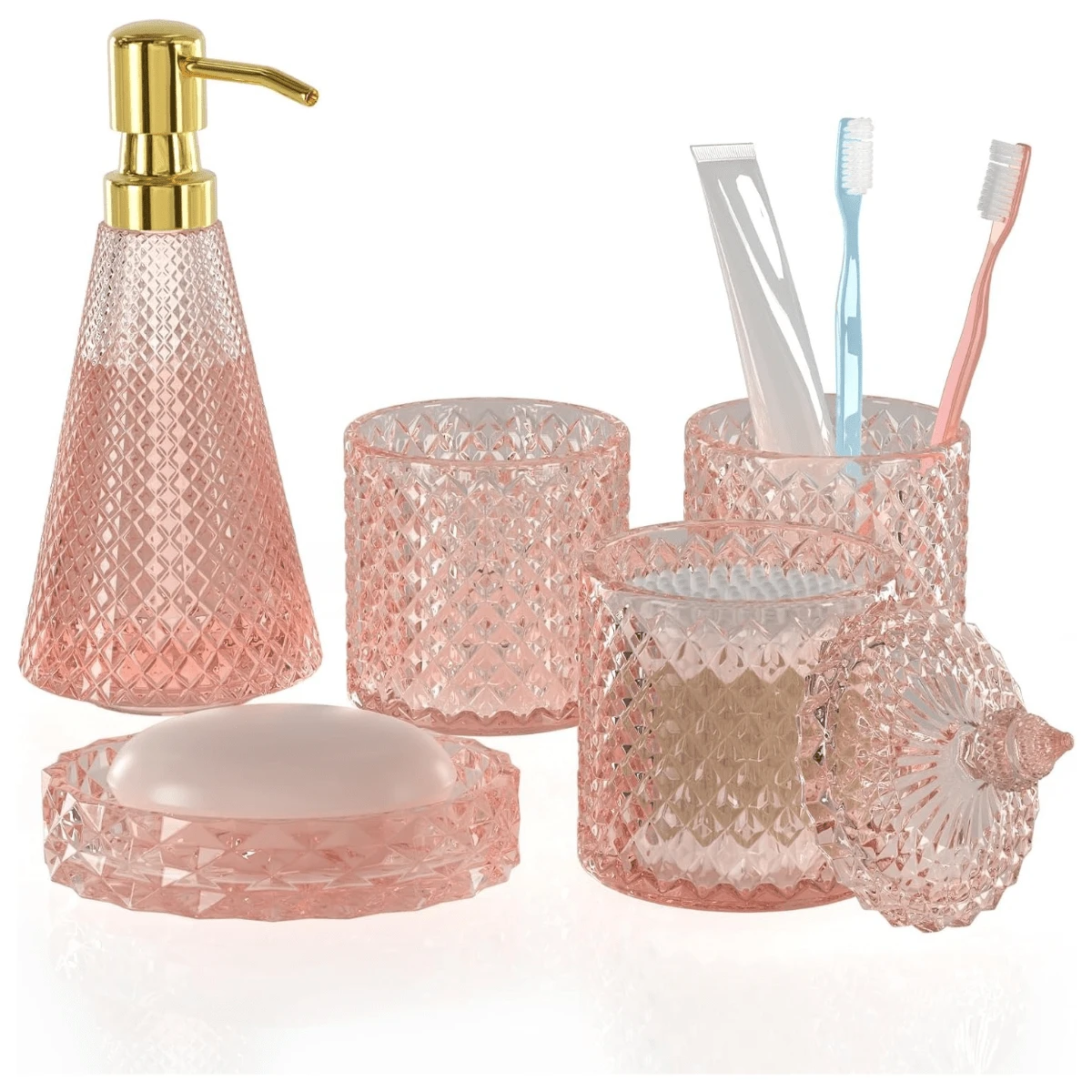 5-Piece Pink Glass Bathroom Accessories Set - Soap Dispenser, Toothbrush Holder, Tumbler, Soap Dish & Cotton Swab Holder, Vintage Cute Bathroom Decor & Organization, Back To School Dorm Essentials, Ideal Gift - 粉色 - 查看 1