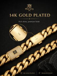 14K Gold Plated 14mm Iced Cuban Link Chain Necklace Or Bracelet, Stainless Steel Miami Cuban Chain With Rhinestone S Flip Clasp - 金色 - View 3