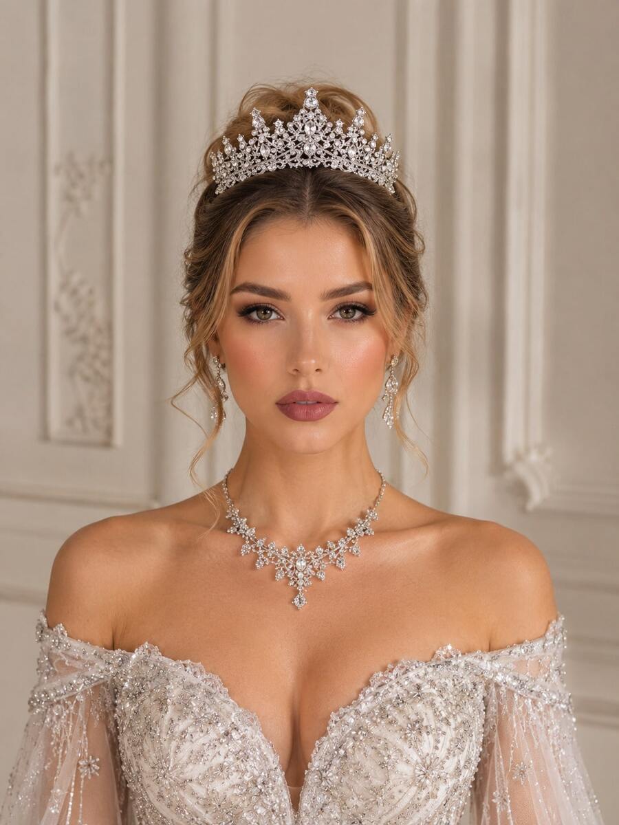 1 Stück Stück silberne Braut-Tiara mit komplettem Strassbesatz, Vintage-Kristall-Hochzeitskrone, elegantes Haaraccessoire für Schönheitswettbewerbe, Abschlussball und Partys - Verschiedenfarbig - Übersicht 1