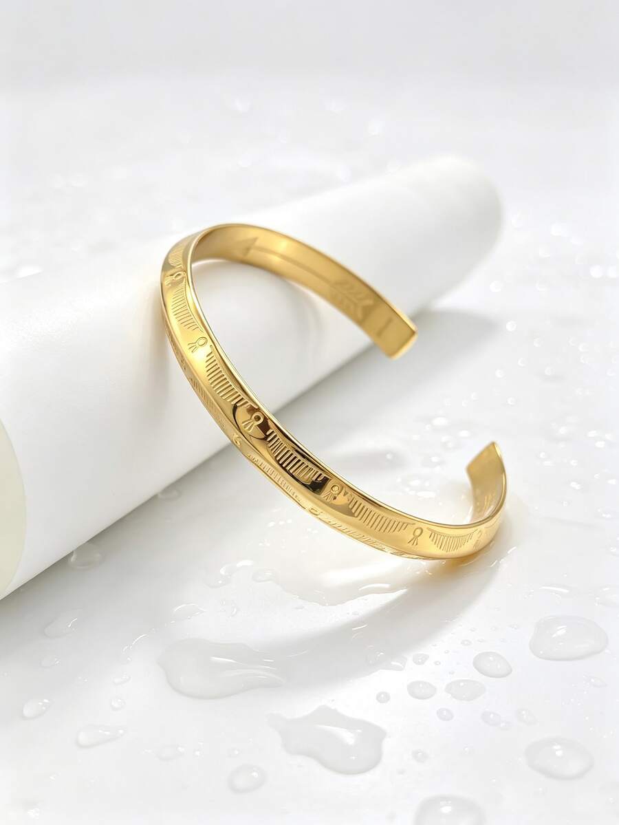 1pc Casual Personalized Metal Style Fashion Stainless Steel Gold-Plated Etched Pattern Triangle Open Cuff Bracelet Men's Holiday Accessory - Geometry - View 1