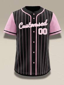 Custom Women Black Pink Baseball Jersey Personalized Name Number Pinstripe Button Up Sporty Gameday Shirt Loose Activewear Tops - Black - View 3