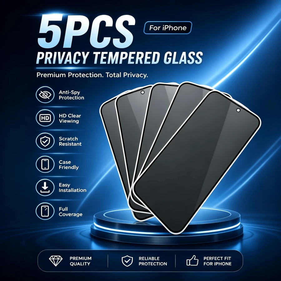 Yezodawee Privacy Screen Protector For IPhone 17 Pro Max, Compatible With IPhone 17 Pro, 17 Air, 17, 16 Pro Max, 16, 16 Pro, 16 Plus, 15, 14, 13, 12, 11, Anti-Peeping Tempered Glass Material, Screen Protector, Privacy Anti-Peeping, Phone Accessories, 5-Pack - Black - View 1