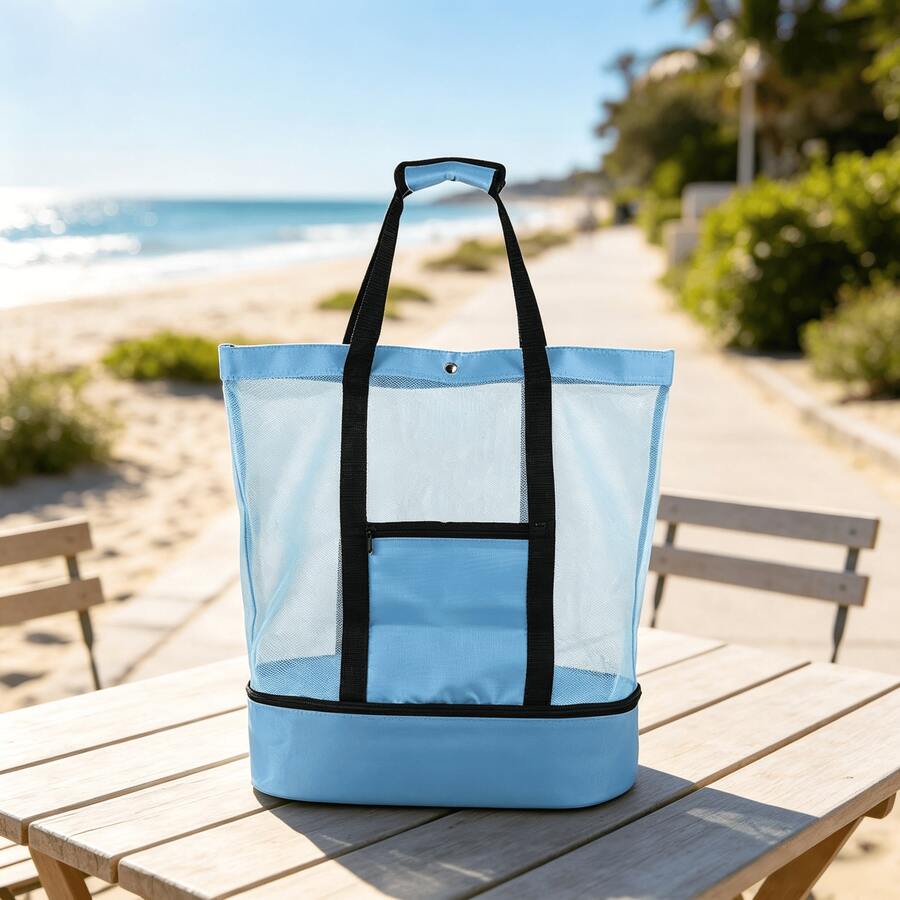 Large Capacity Multi-Function Beach Mesh Bag, Double Layer Outdoor Portable Tote Bag With Shoulder Strap, Suitable For Insulated Lunch, Picnic And Beach Storage Travel Bag - Multicolor - View 1