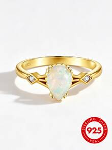 1.25-1.5ct Vintage Gold Plated Pear/Oval Opal Ring, S925 Sterling Silver Band Teardrop Fire Opal, Engagement Ring, Exquisite Jewelry Gift For Women - Style B-white - View 1