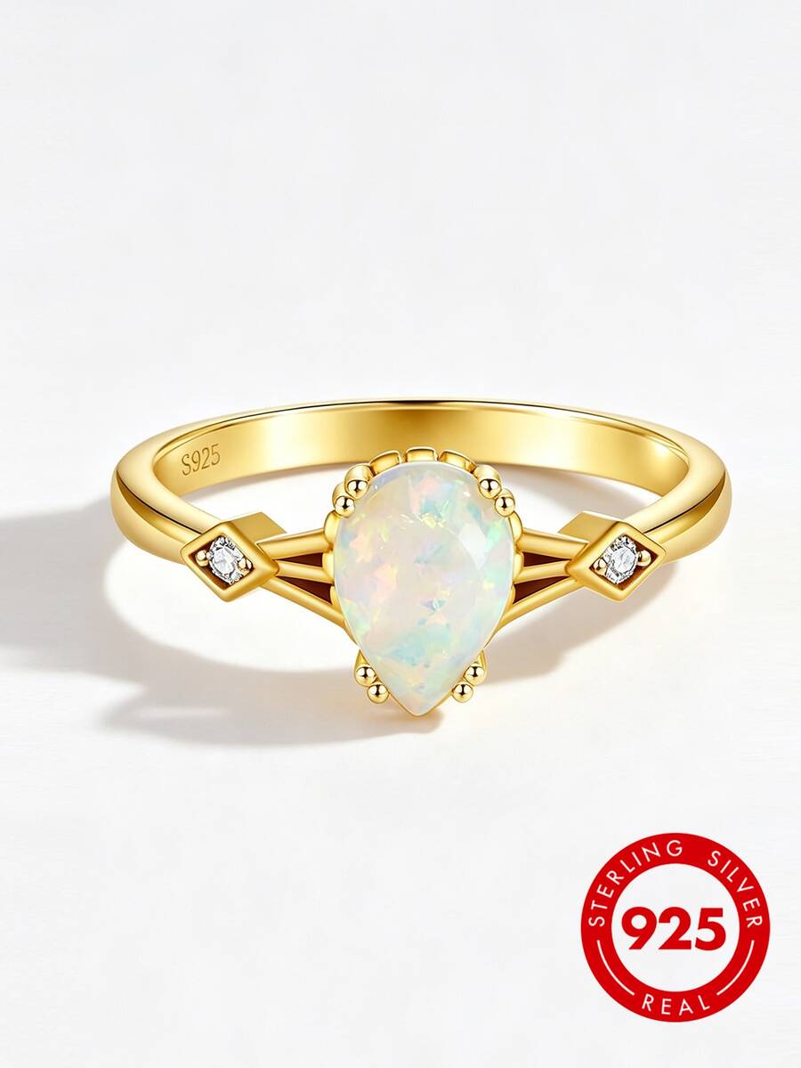 1.25-1.5ct Vintage Gold Plated Pear/Oval Opal Ring, S925 Sterling Silver Band Teardrop Fire Opal, Engagement Ring, Exquisite Jewelry Gift For Women - Style B-white - View 1