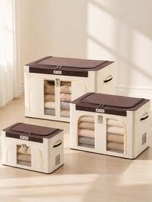 2pcs Set Formaldehyde-Removing Fabric Storage Boxes + Beige Storage Box Set, Foldable Clothing Storage Bin With Transparent Window, Dual-Opening Closet Organizer, Large Capacity Blanket Quilt Sweater Storage Container, Dust-Proof Wardrobe Storage Box, Suitable For Bedroom Home - Multicolor - View 2