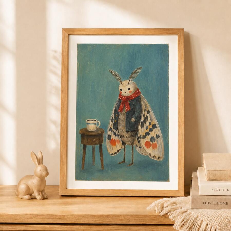 1pc Cute Moth Poster, Whimsical Insect Coffee Wall Art Print, Unframed Matte Paper Poster For Bedroom Dorm Living Room Decor - 1PC - View 1
