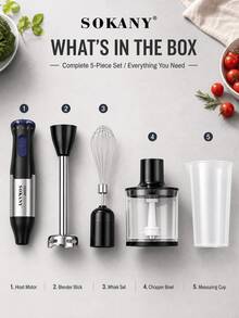 SOKANY 1000W 4-In-1 Hand Blender Set, Includes Multi-Function Blending Stick, Whisk, Chopper And Mixing Cup, Suitable For Food Processing And Baby Food Mixing - Silver - View 7