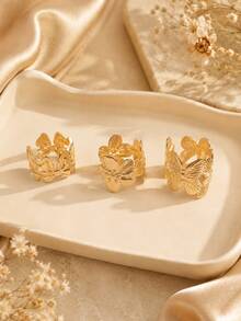 1/5pcs Gold Bowknot Flower Open Ring Set, Oversized Hollow Wide Cuff Stackable Rings - D064-1pc - View 6