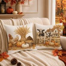 Autumn Vintage Farm Pumpkin Wheat & Small Animals Cushion Covers 4pcs Set, Single-Sided Printed Peach Skin Velvet Polyester Material, 45*45CM Throw Pillow Covers For Modern Fabric Sofa Indoor Decor, Party Decoration, Gift Giving - Multicolor - View 4