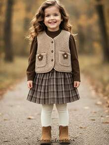 A Two Pieces Casual Style Girls' Vest And Dress Set In Plaid Fabric, Suitable For Outdoor Wear In Autumn And Winter. - Mocha Brown - View 1