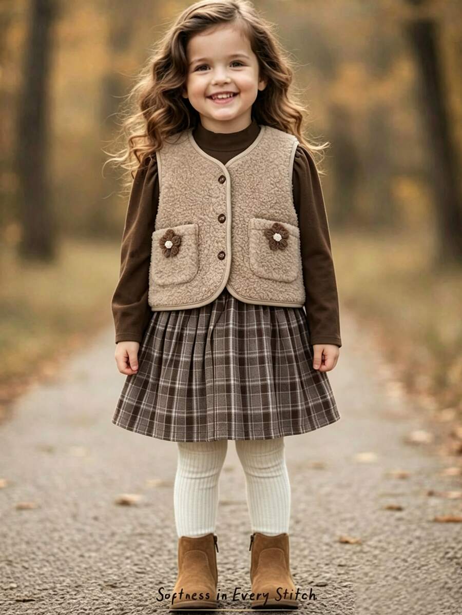 A Two Pieces Casual Style Girls' Vest And Dress Set In Plaid Fabric, Suitable For Outdoor Wear In Autumn And Winter. - Mocha Brown - View 1