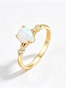1.25-1.5ct Vintage Gold Plated Pear/Oval Opal Ring, S925 Sterling Silver Band Teardrop Fire Opal, Engagement Ring, Exquisite Jewelry Gift For Women - Style B-white - View 6