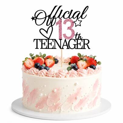 1 cái topper bánh sinh nhật chính hãng cho tuổi 13, màu hồng kim tuyến, phụ kiện trang trí bánh sinh nhật cho tiệc sinh nhật tuổi 13, biển cắm bánh lấp lánh cho bé gái, đồ dùng tiệc kỷ niệm cột mốc tuổi teen