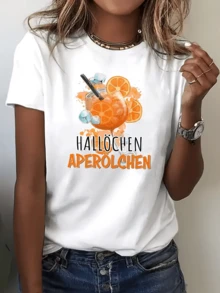 100% Women's Summer Round Neck T-Shirt| "Hallochen Aperolchen" Features A Vibrant Aperol Spritz Cocktail Print, A Casual Holiday Top, Ideal For - White - View 5