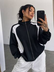 Women's Autumn/Winter New Loose Minimalist Colorblock Patchwork Casual Fashion Versatile Sweatshirt Jacket - Black and White - View 1