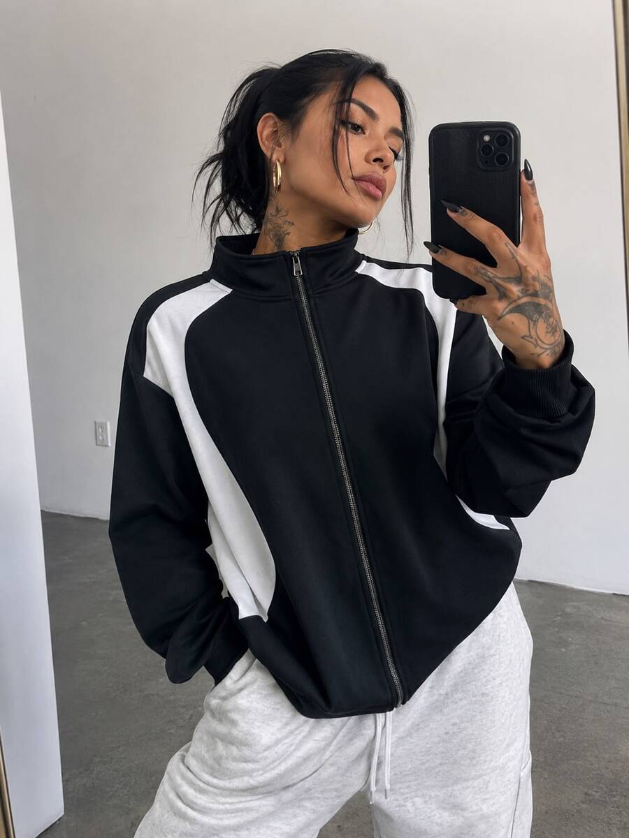 Women's Autumn/Winter New Loose Minimalist Colorblock Patchwork Casual Fashion Versatile Sweatshirt Jacket - Black and White - View 1