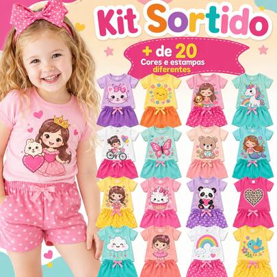 Kit 6 Peças Infantil Menina Juvenil Feminino 1 ao 8 - 3 Blusas + 3 Shorts