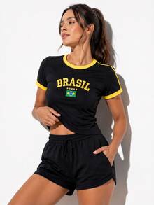 Women's Brazil Embroidered Flag Slim Fit T-Shirt - 黑色的 - 查看 1