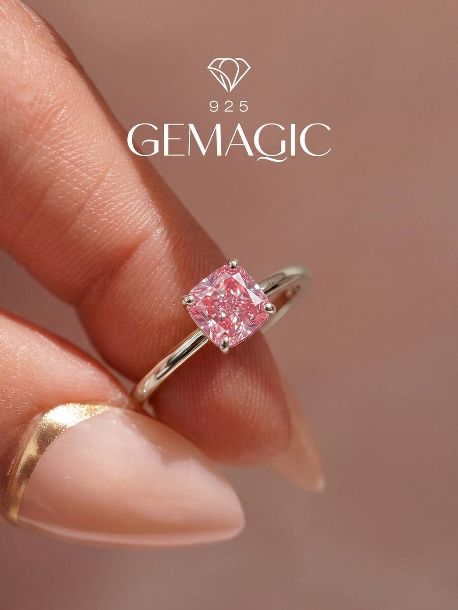 1 buah Cincin Berlian Tunggal Persegi Perak Sterling 925 Perhiasan Wanita Halus untuk Pemakaian Sehari-hari Pilihan Hadiah Ulang Tahun - Cincin Persegi-Berlian Merah Muda - View 1