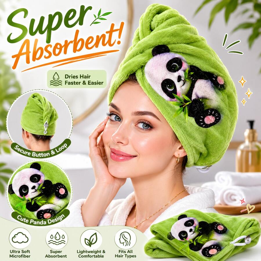 Opjoys Animal Design Casual Polyester Fleece Hair Drying Cap, Home Daily Use, All Season, Quick Dry And Absorbent - Panda Green 4 - View 1