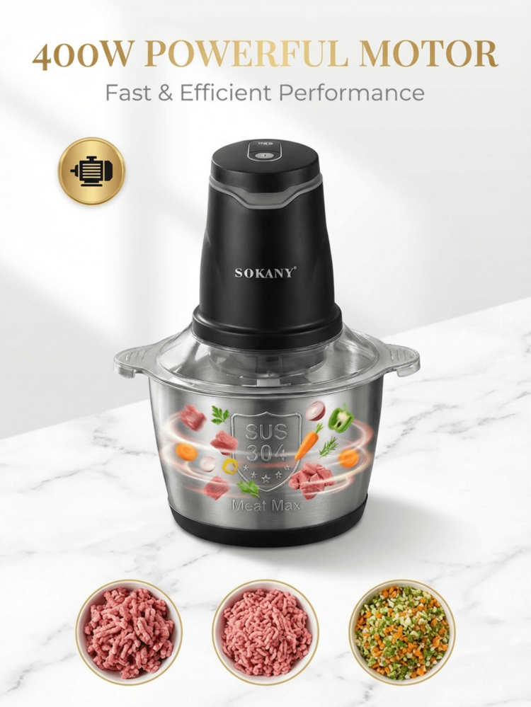 SOKANY 7020 電動食物處理機，2L容量，400W快速攪拌，304不鏽鋼4刀片雙層刀頭，2段速度控制，適用於蔬菜/大蒜/肉類/洋蔥/水果/堅果/沙拉/麵團，嬰兒食品，家用廚房 - 黑色 - 查看 5