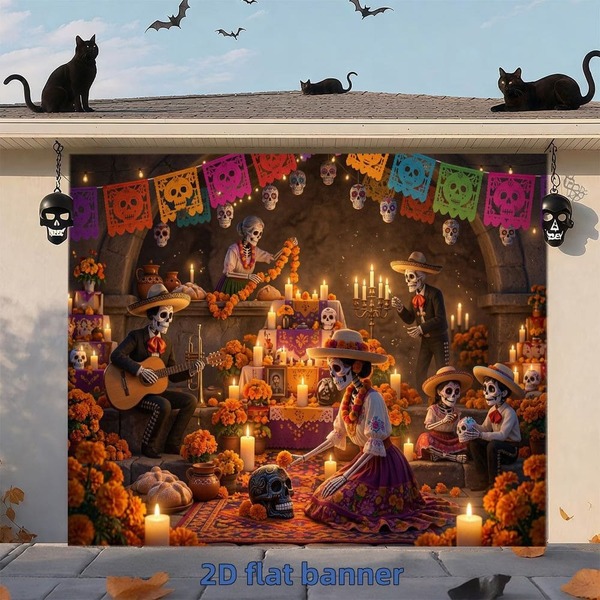 2D Flat Banner 1pc Day Of The Dead Themed Printed Backdrop, Suitable For Mexican Festival Party, Carnival Decoration, Family Gathering Wall Background, Holiday Photography Setup, Polyester Material, Multiple Sizes Available