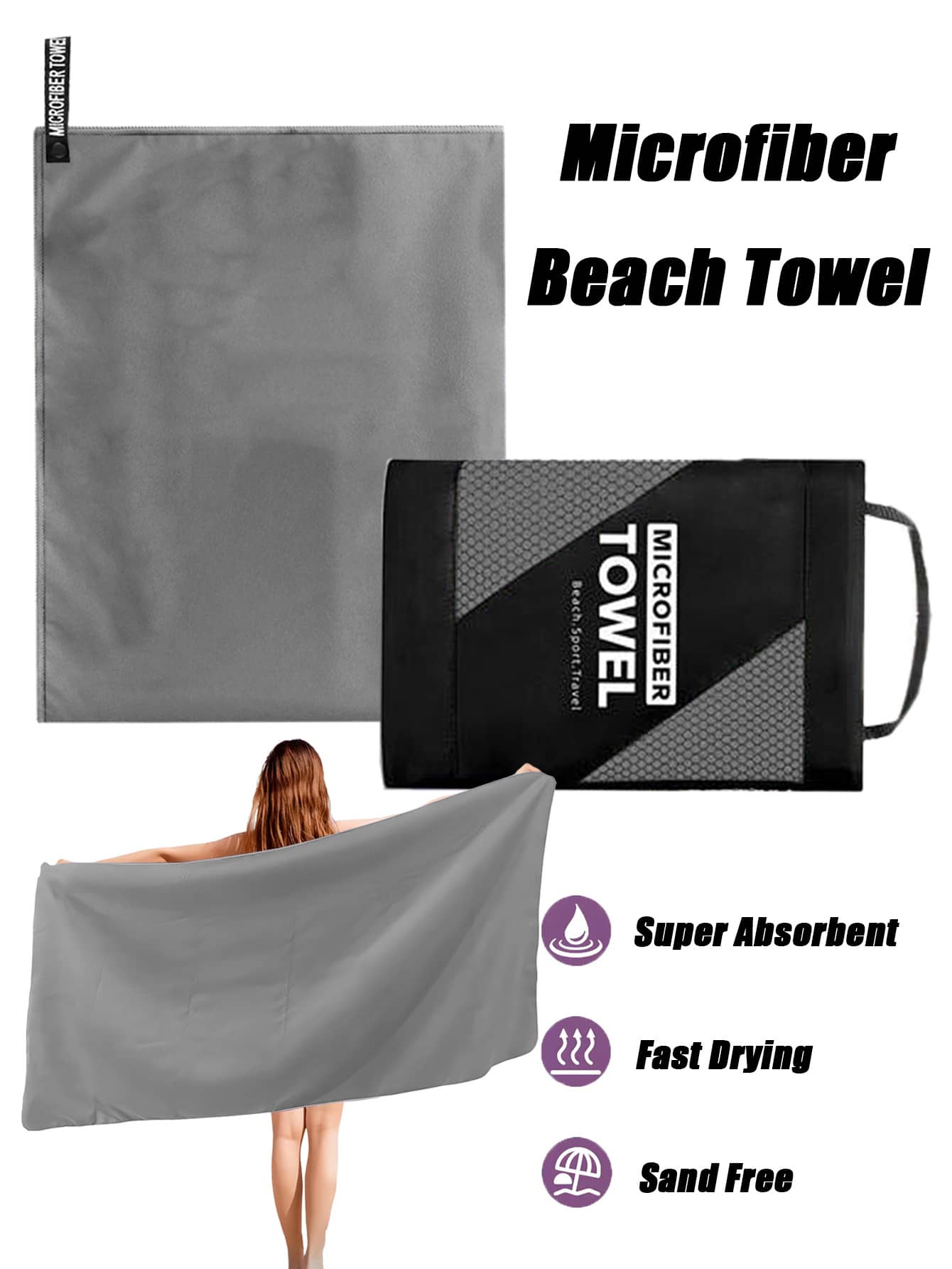 1pc/2pcs Light Gray Microfiber Beach Towel, Soft Comfortable High Absorbency Quick Dry Towel, Skin-Friendly Breathable, Compact, Hang Dry, Comes With Mesh Bag For Convenient Storage, Suitable For Beach, Gym, Yoga, Golf, Cycling, Running - Grey - View 1