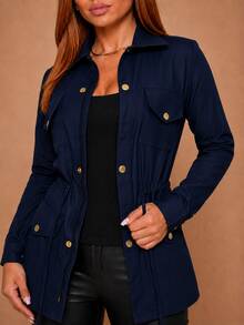 Parka Coat In Bengaline Simple Casual Button Pocket Drawstring - Navy Blue - View 5