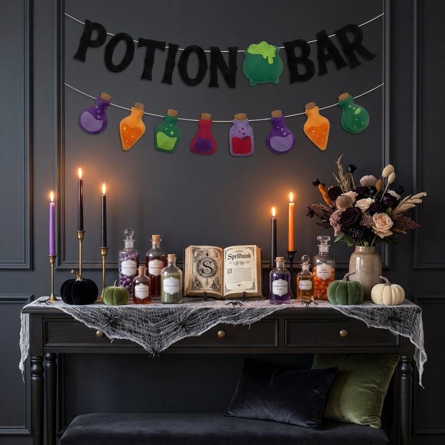 2pcs Witch Poison Theme Banners, Halloween Poison Bat Horror Witch Haunted House Theme 2D Classic Felt Potion Bar Triangular Flags, Unisex Halloween Party Decoration, Fun Halloween Decor, Fireplace Decoration, Room Decoration - A - View 1