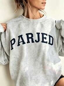 Women's Casual Letter Print Oversized Pullover Sweatshirt, Loose Fit Crew Neck Long Sleeve Hoodie, Fall Outfits For Airport, Back To School,Unisex-L91 - 淺灰色 - 查看 9