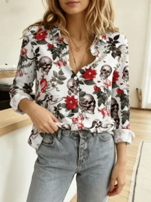 PLUS Women's Halloween Skeleton Print Button-Up Shirt, Vintage Long Sleeve All-Season Blouse White - White - View 2