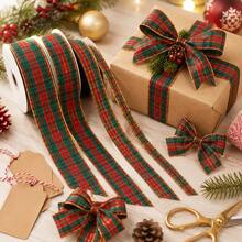 10 Yards Premium Red & Green Plaid Pattern Ribbon Roll, Vintage Plaid Fabric Tape With Metallic Gold Sequin Edge, Suitable For Holiday Gift Wrapping, Party Decoration, Hair Accessories, DIY Crafts - Checkered Ribbon - View 2