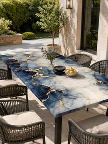 1pc Blue & Gold Marble Pattern Square Elastic Tablecloth, Modern Luxury Full Coverage Dining Table Protector, Suitable For Kitchen, Dining Room, Party, Home Tabletop Dust-Proof Decoration, Art Home Decor - Multicolor - View 1