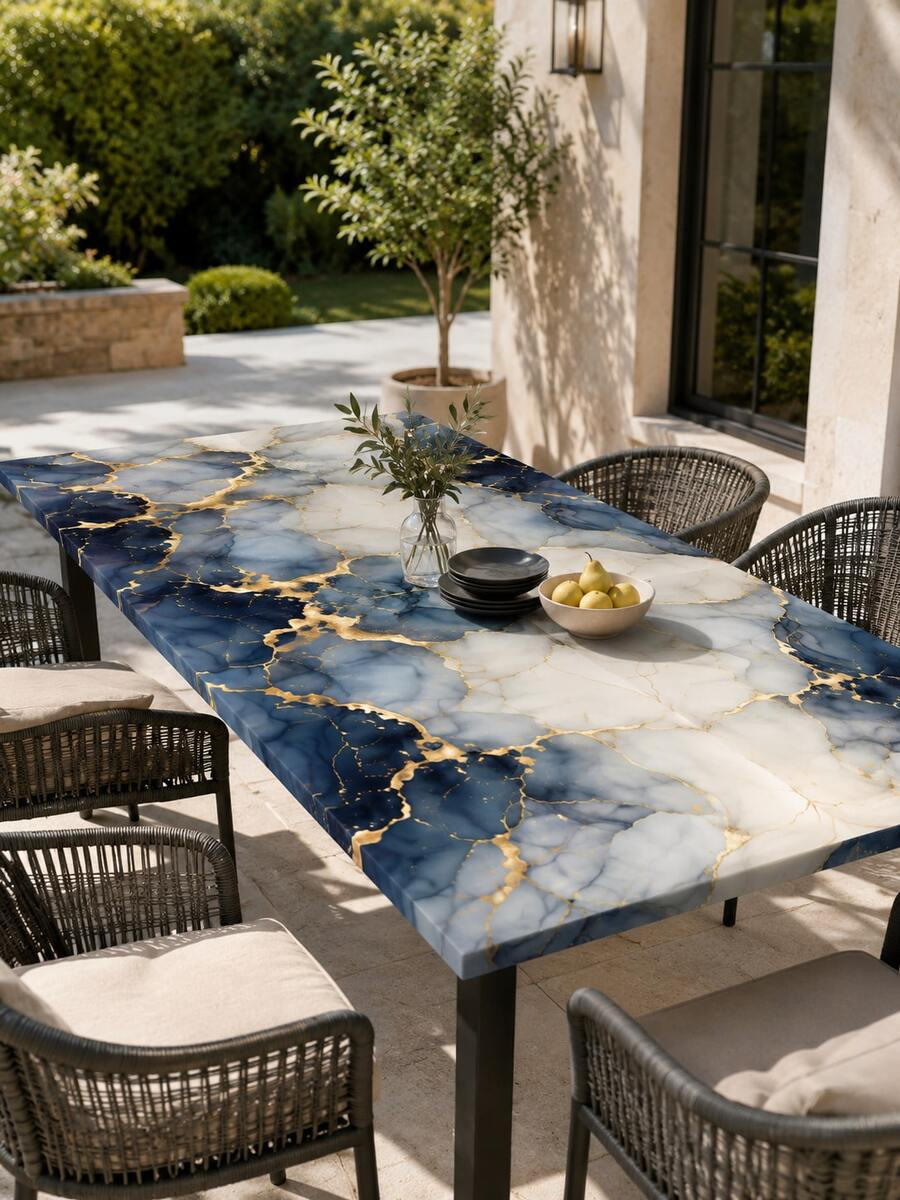 1pc Blue & Gold Marble Pattern Square Elastic Tablecloth, Modern Luxury Full Coverage Dining Table Protector, Suitable For Kitchen, Dining Room, Party, Home Tabletop Dust-Proof Decoration, Art Home Decor - Multicolor - View 1