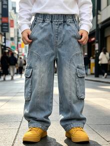 Tween Boys' Autumn Loose Fit Straight Leg Cargo Denim Jeans With Large Pockets, Suitable For Back To School, Daily, Home And Outdoor Casual Wear - Baby Blue - View 7