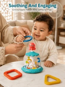 按壓旋轉旋轉木馬玩具 吸盤桌面玩具 幼兒玩具 趴臥時間玩具 爬行玩具 18個月以上玩具 女孩男孩禮物 感官玩具 - 彩色 - 查看 3